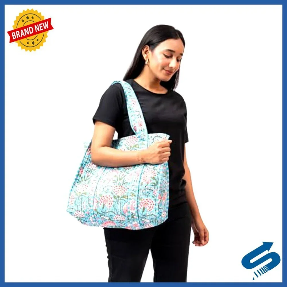 Large Quilted Cotton Tote Bag with Inside Pocket for Travel Shopping
